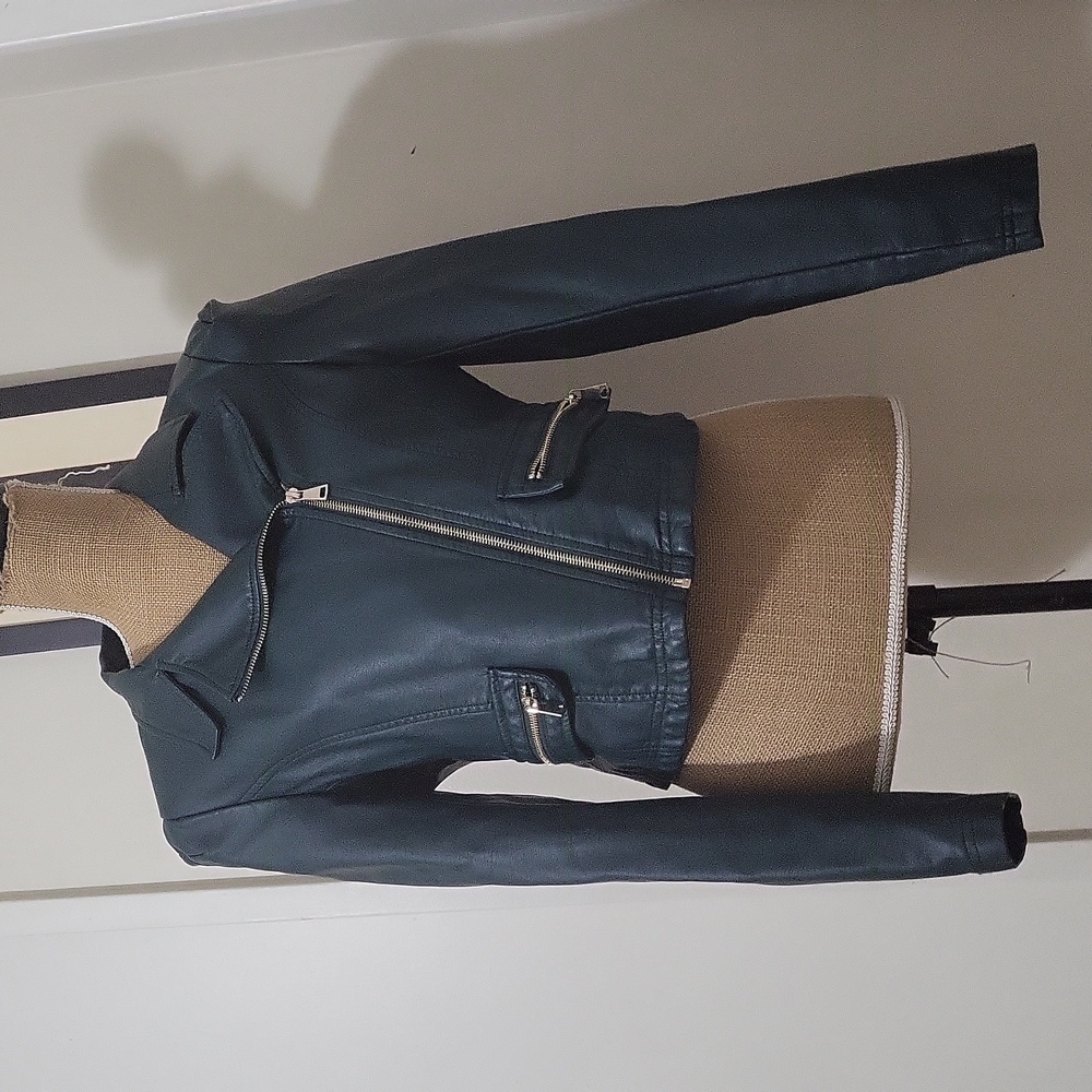 Emerald green Faux Leather Womens Moto Jacket style by Shinestar in size Large